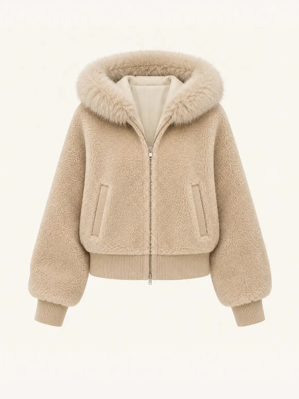 Hokkaido Melody camel short hooded Merino shearling jacket, front product view