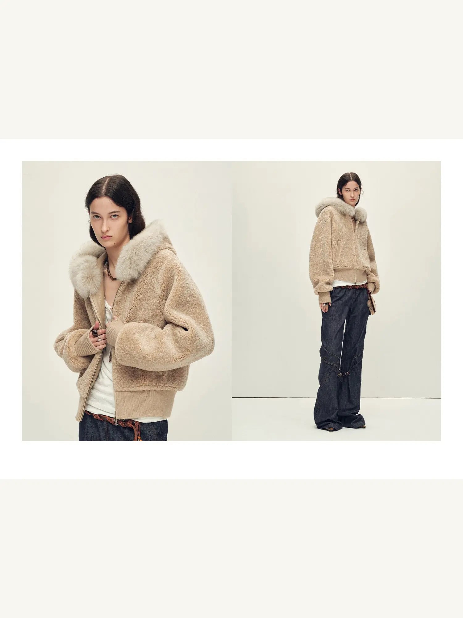 Hokkaido Melody camel short hooded Merino shearling jacket styling views