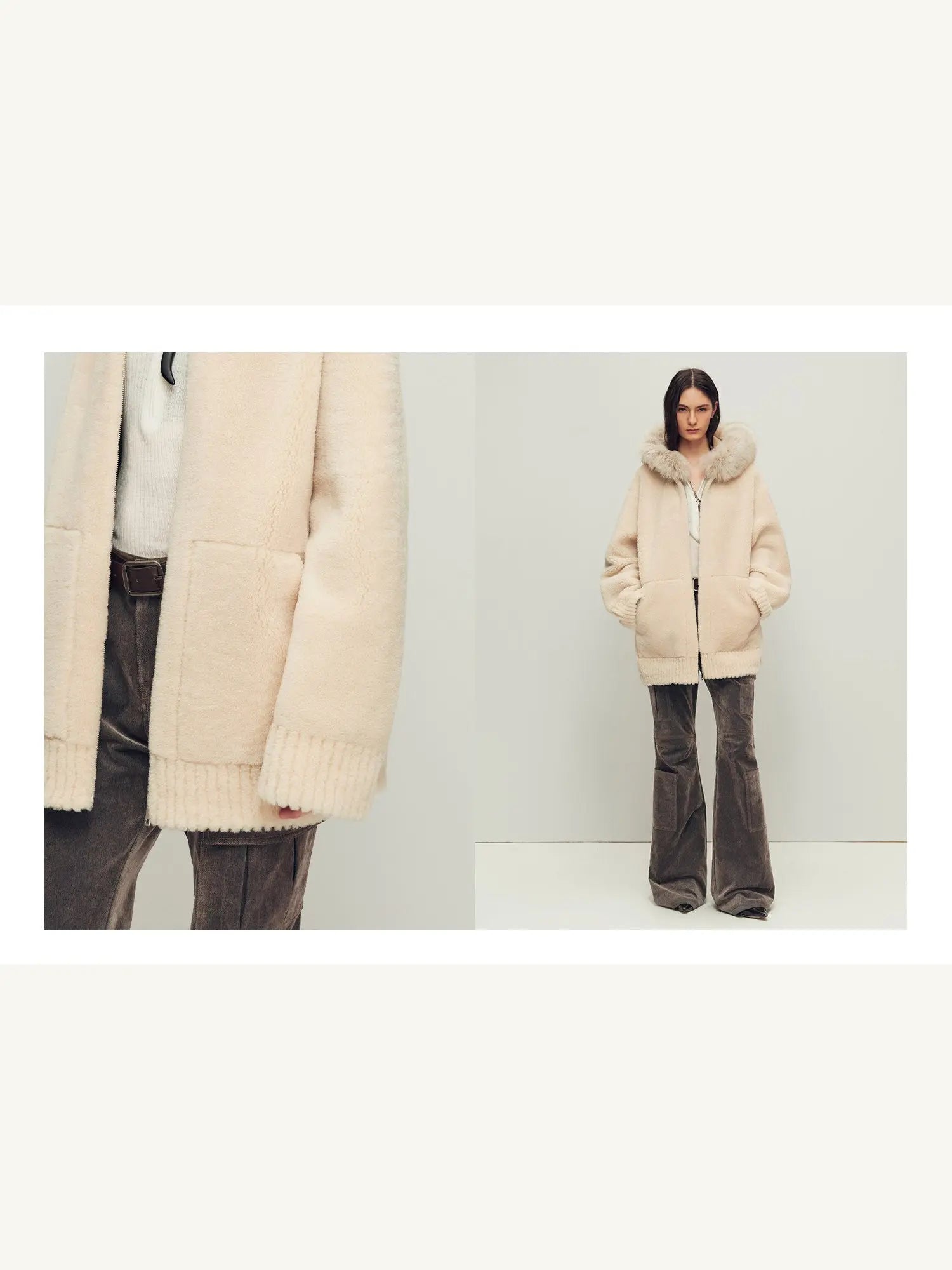 Hokkaido Melody off-white long hooded Merino shearling coat design details