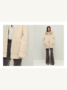 Hokkaido Melody off-white long hooded Merino shearling coat design details