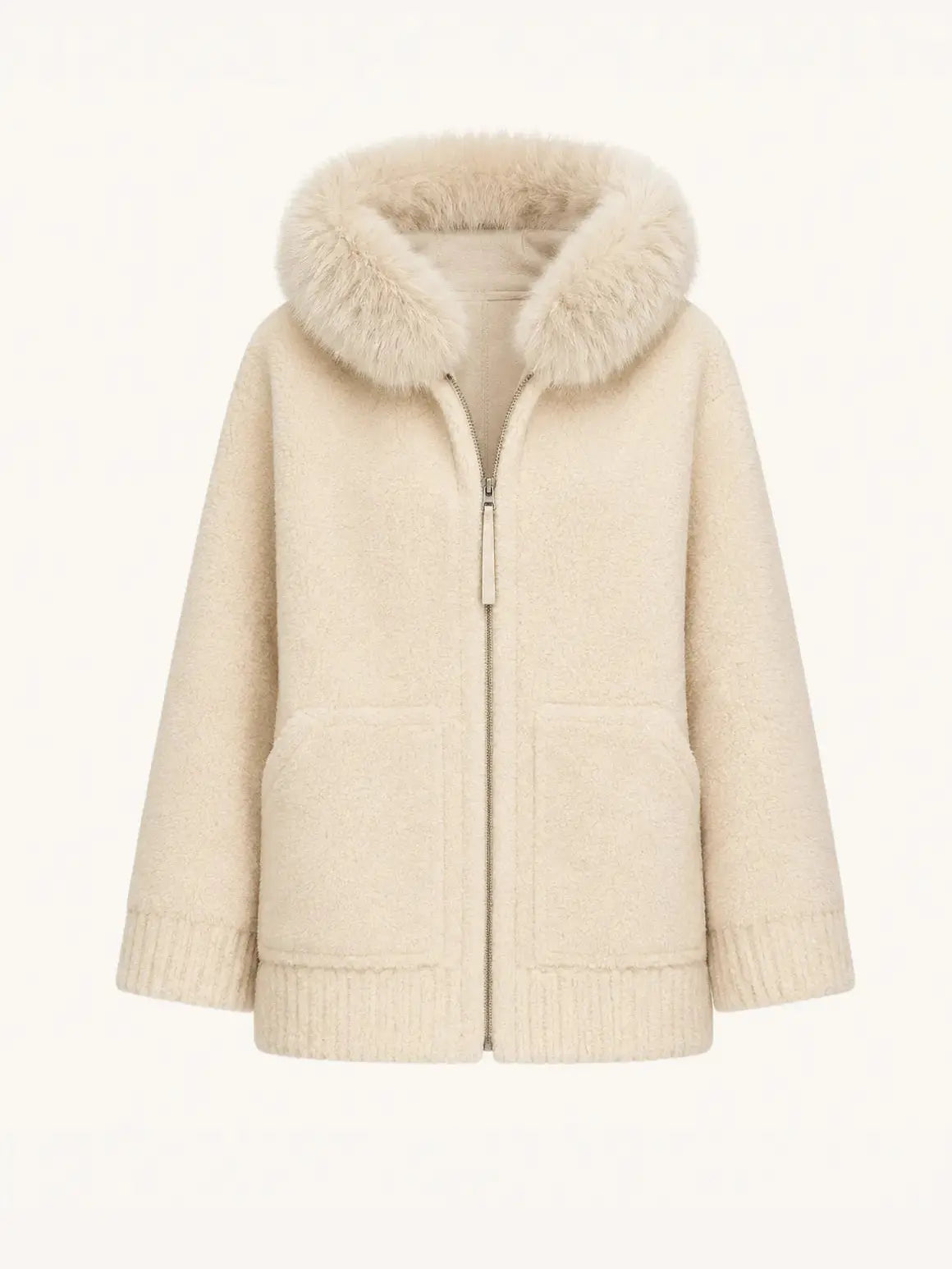 Hokkaido Melody off-white long hooded Merino shearling coat, front product view