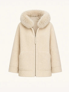 Hokkaido Melody off-white long hooded Merino shearling coat, front product view