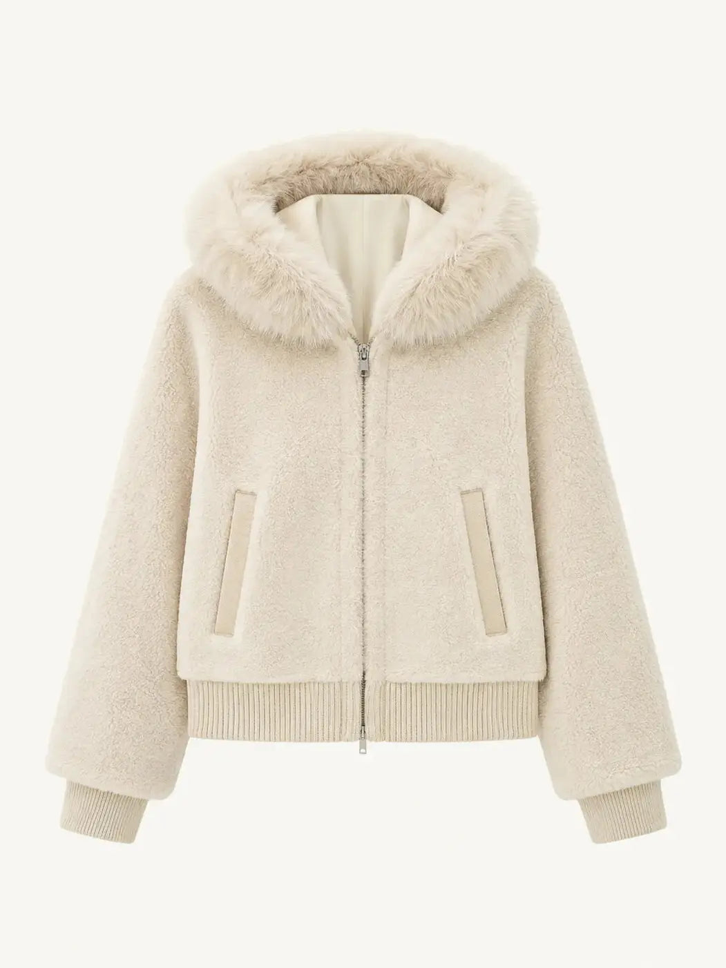 Hokkaido Melody off-white short hooded Merino shearling jacket, front product view