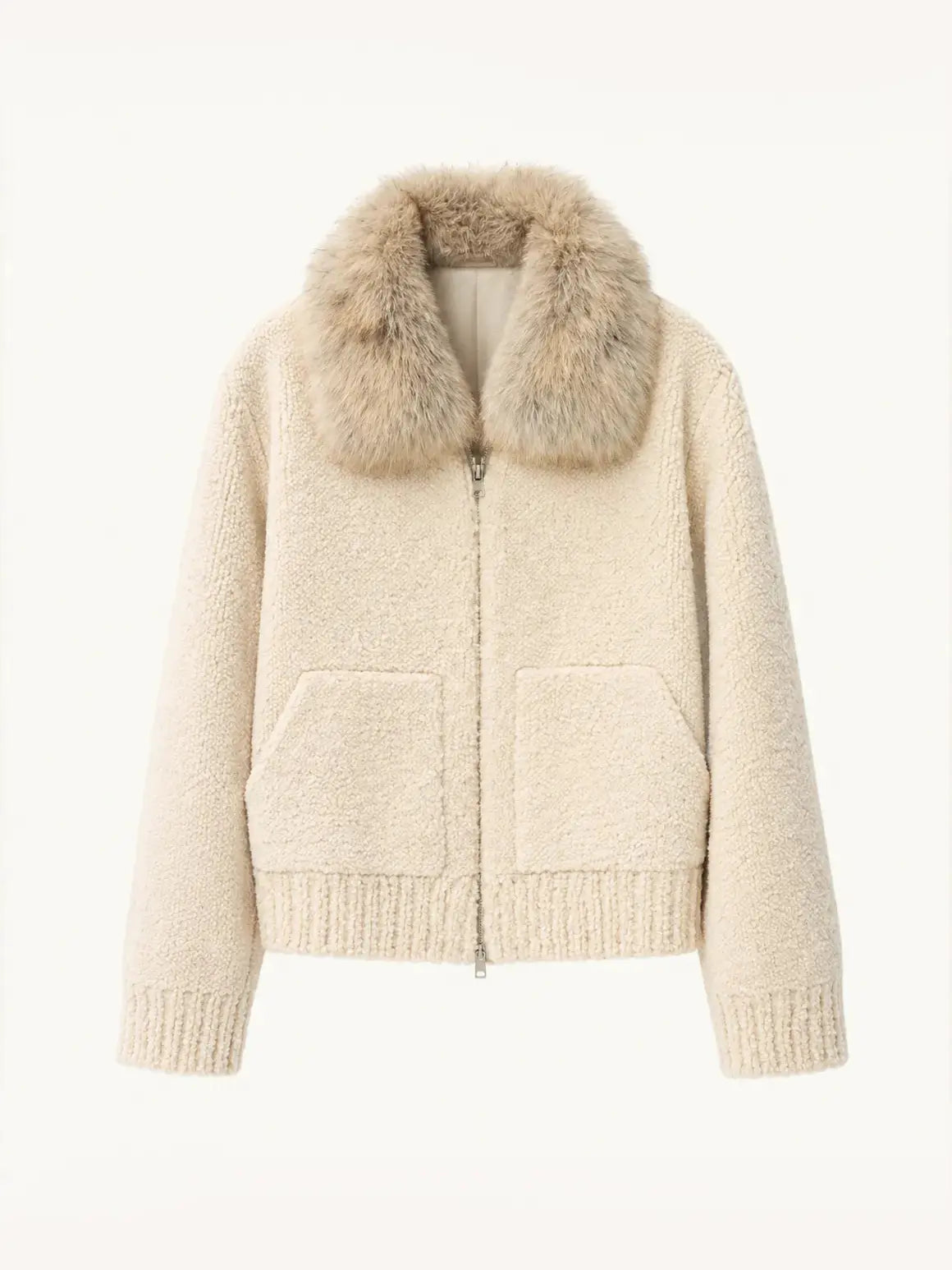 Hokkaido Melody off-white short collar Merino shearling coat, front product view