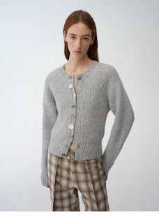 "Hokkaido Weaving Love" wool blend crew neck cardigan top - variant_title