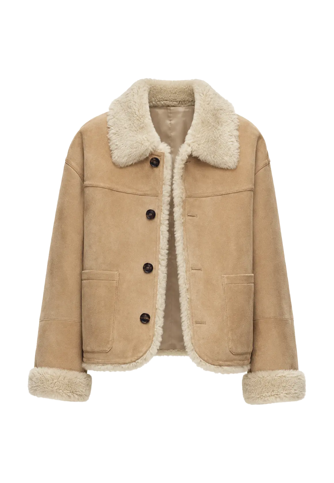 Holiday Bazaar contrast-collar shearling coat with shaved leather trim product image 01