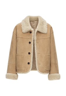 Holiday Bazaar contrast-collar shearling coat with shaved leather trim product image 01