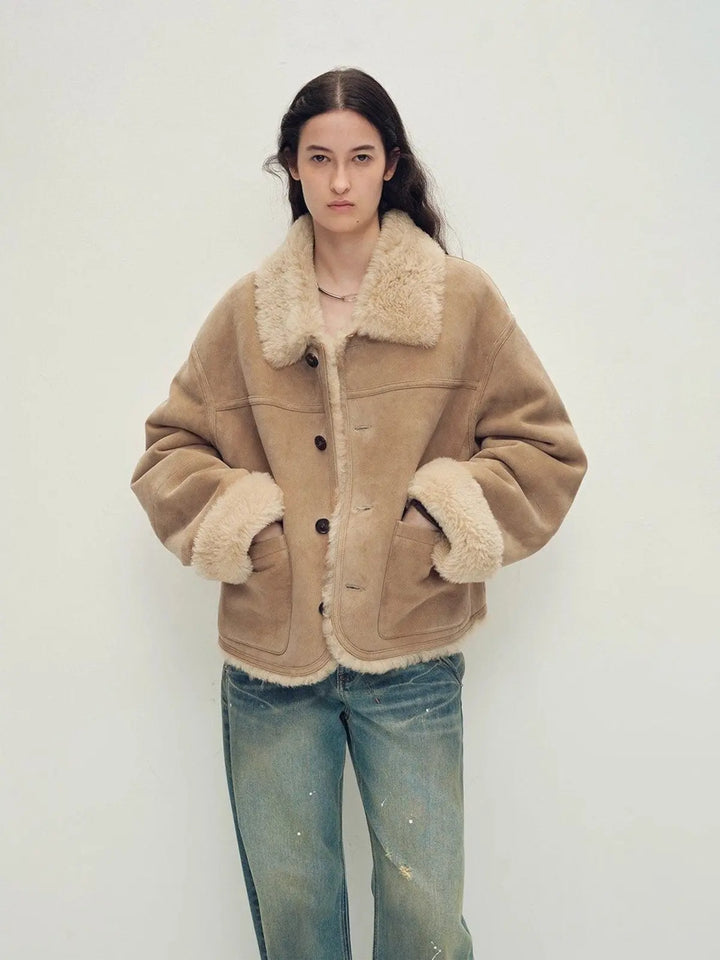 Holiday Bazaar contrast-collar shearling coat with shaved leather trim product image 02