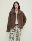 Holiday Bazaar contrast-collar shearling coat with shaved leather trim product image 04