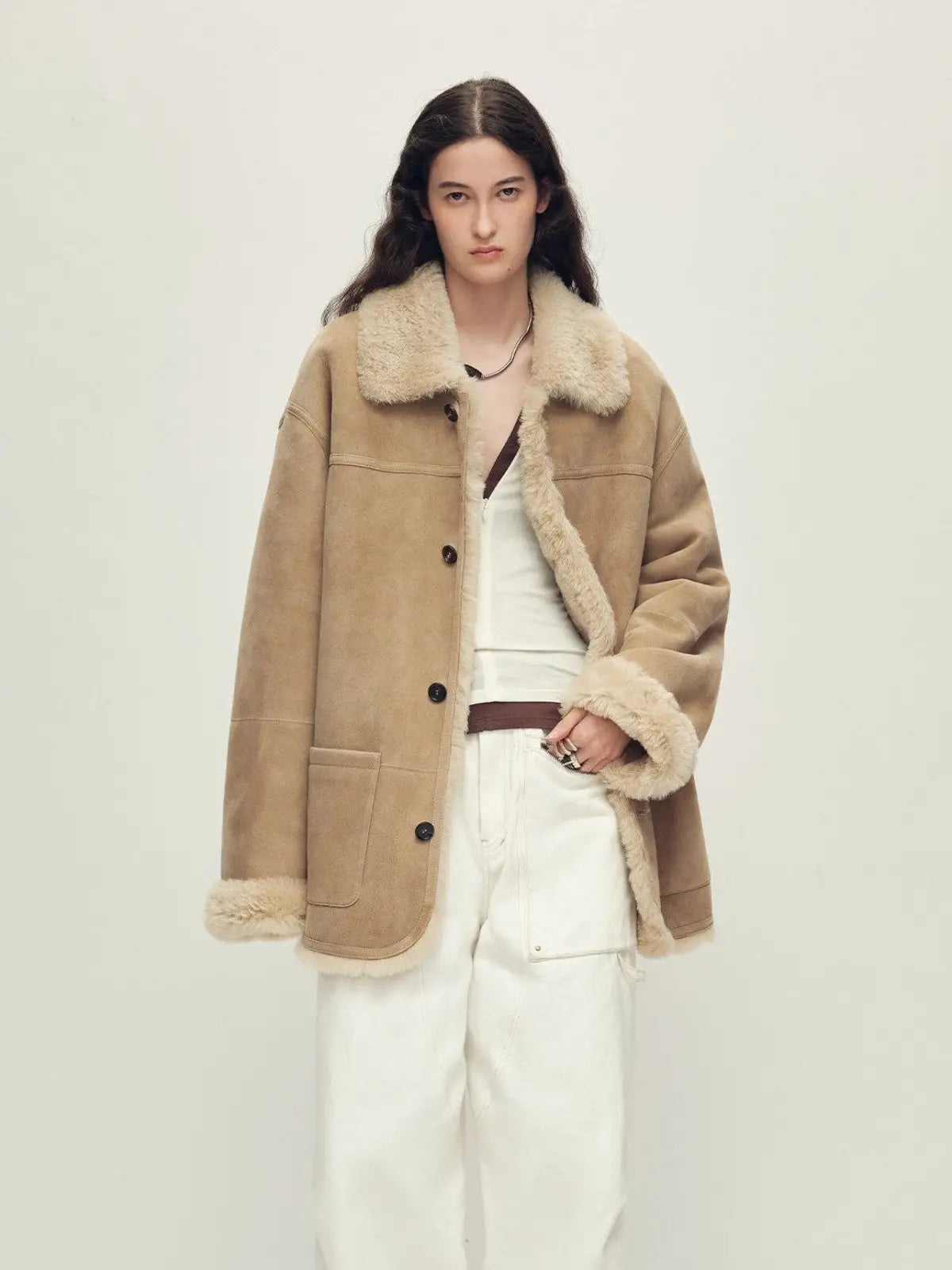 Holiday Bazaar contrast-collar shearling coat with shaved leather trim product image 06