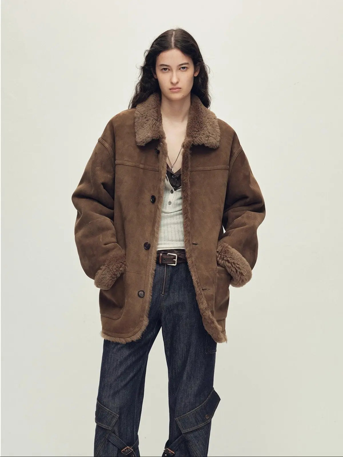 Holiday Bazaar contrast-collar shearling coat with shaved leather trim product image 08