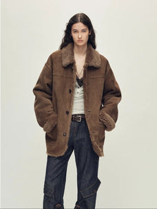 Holiday Bazaar contrast-collar shearling coat with shaved leather trim product image 08