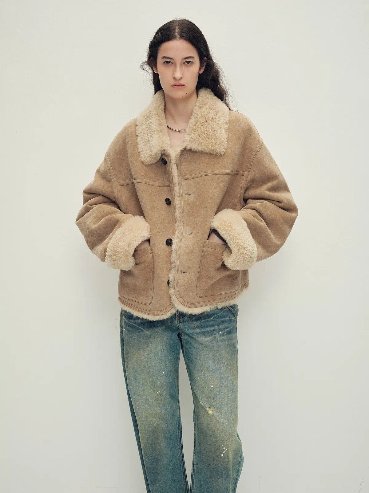 Holiday Bazaar contrast-collar shearling coat with shaved leather trim product image 09
