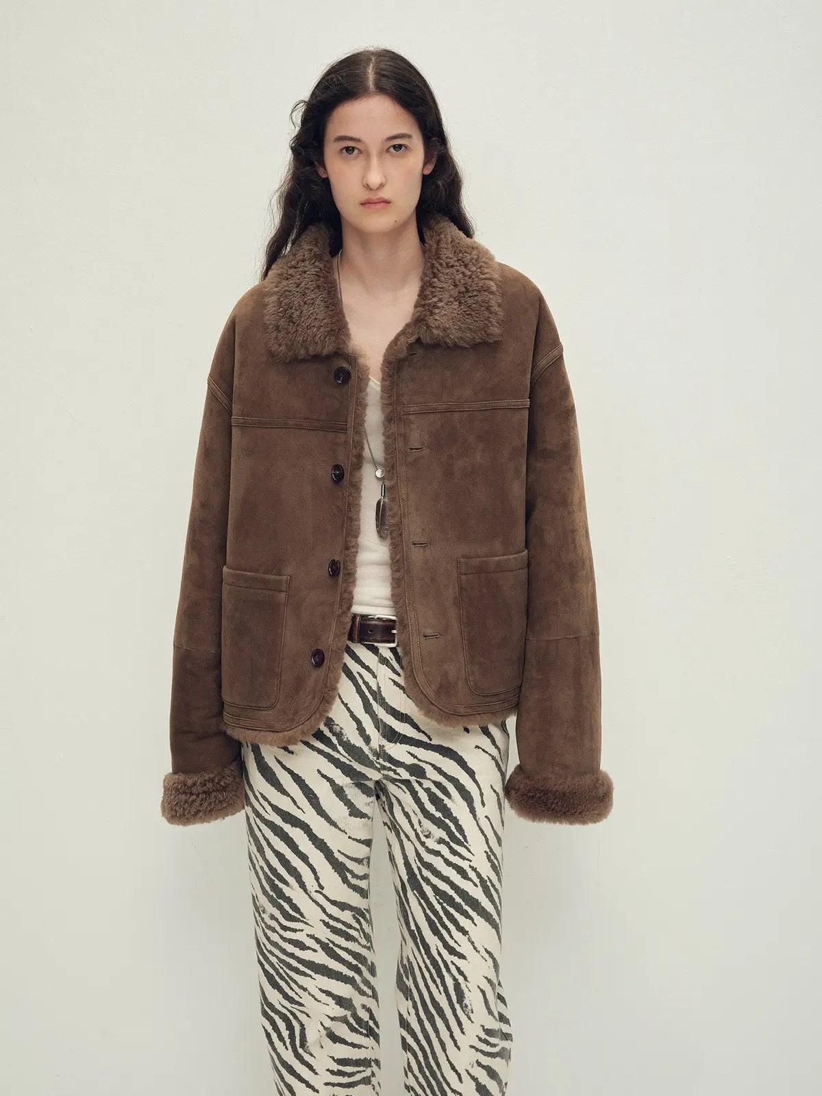 Holiday Bazaar contrast-collar shearling coat with shaved leather trim product image 10