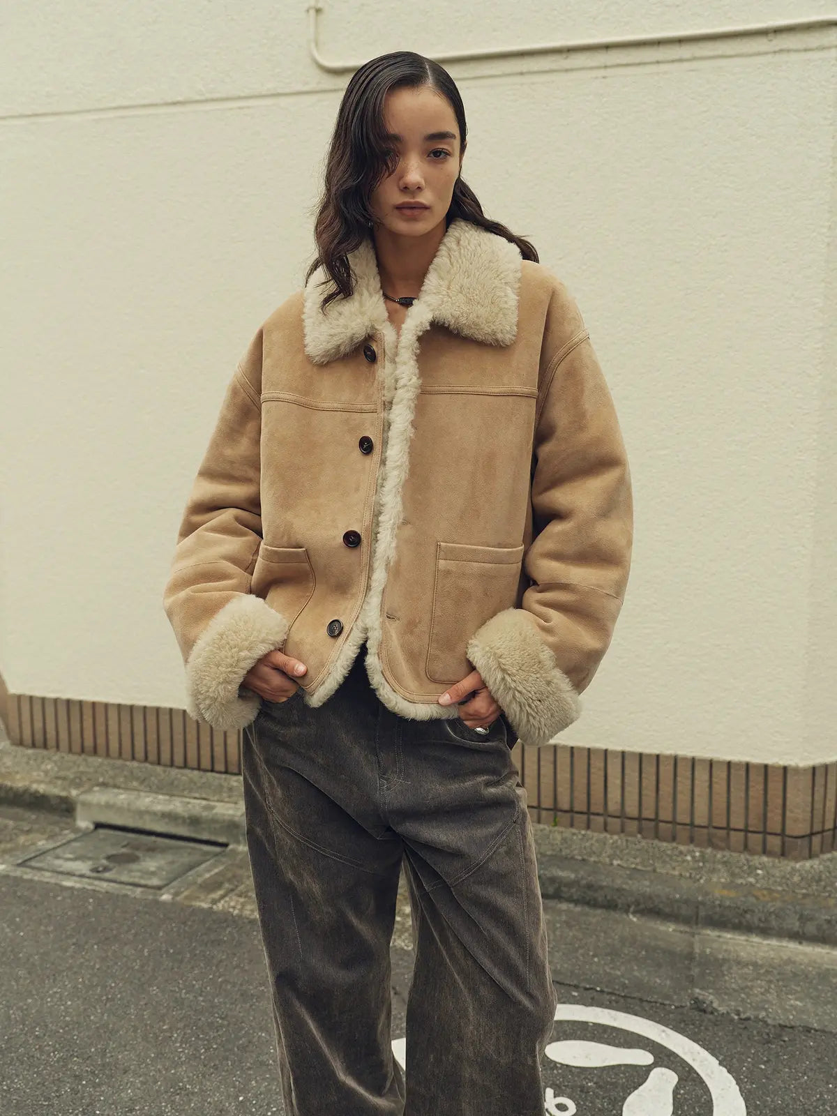 Holiday Bazaar contrast-collar shearling coat with shaved leather trim product image 12