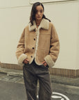 Holiday Bazaar contrast-collar shearling coat with shaved leather trim product image 12