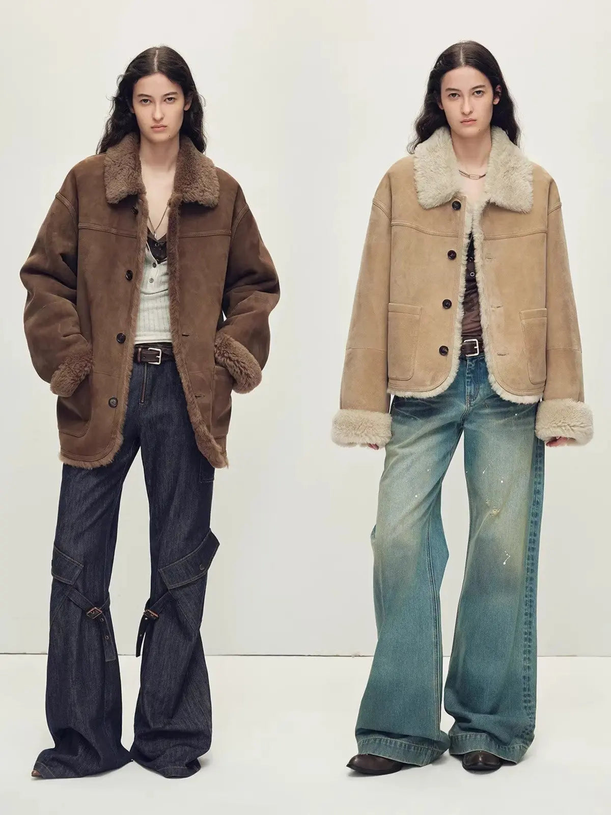 Holiday Bazaar contrast-collar shearling coat with shaved leather trim product image 13
