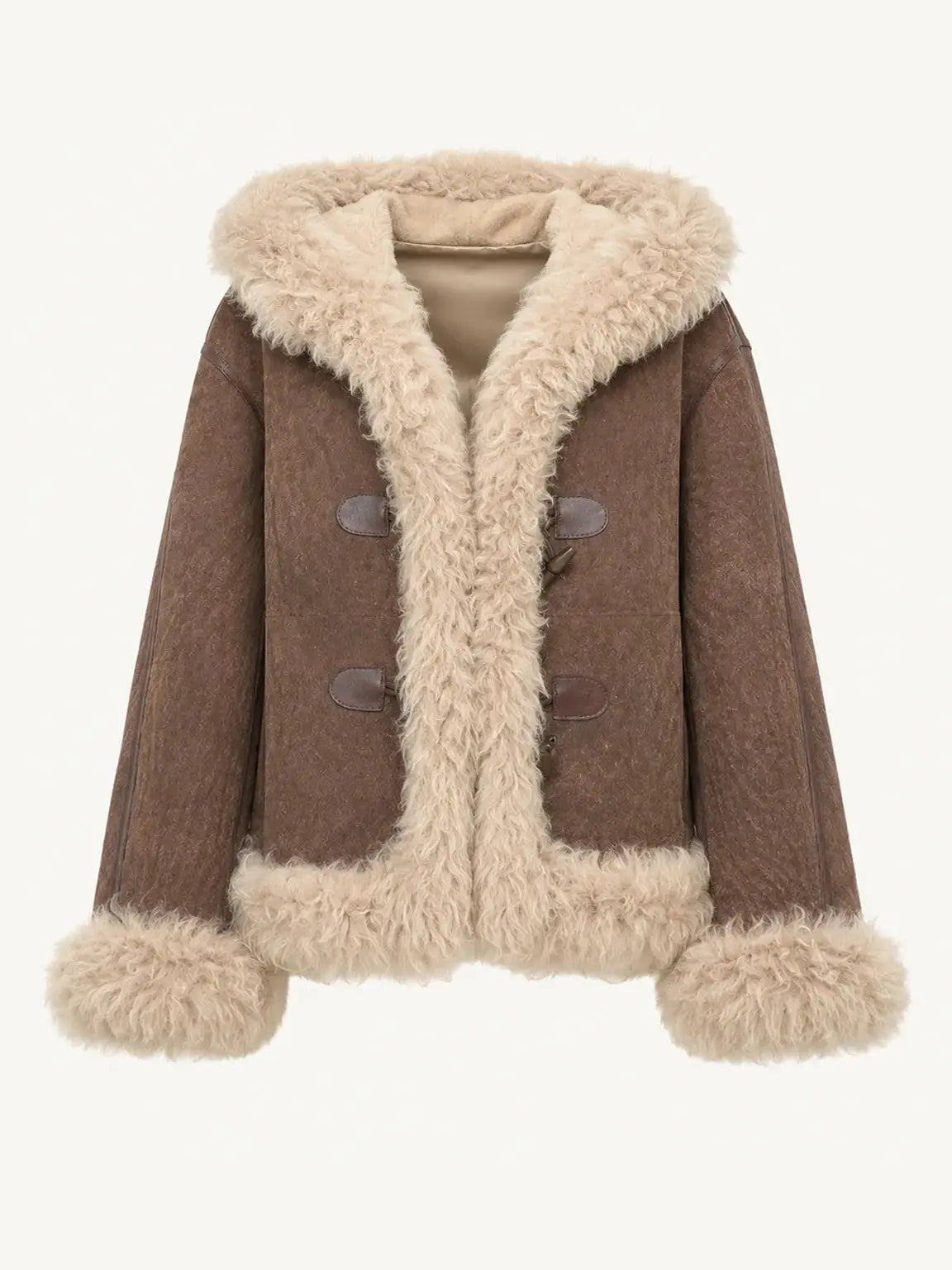 Fog brown hooded Merino shearling jacket, front product view