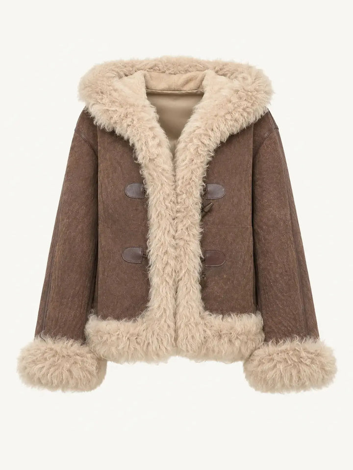 Fog brown hooded Merino shearling jacket, front product view