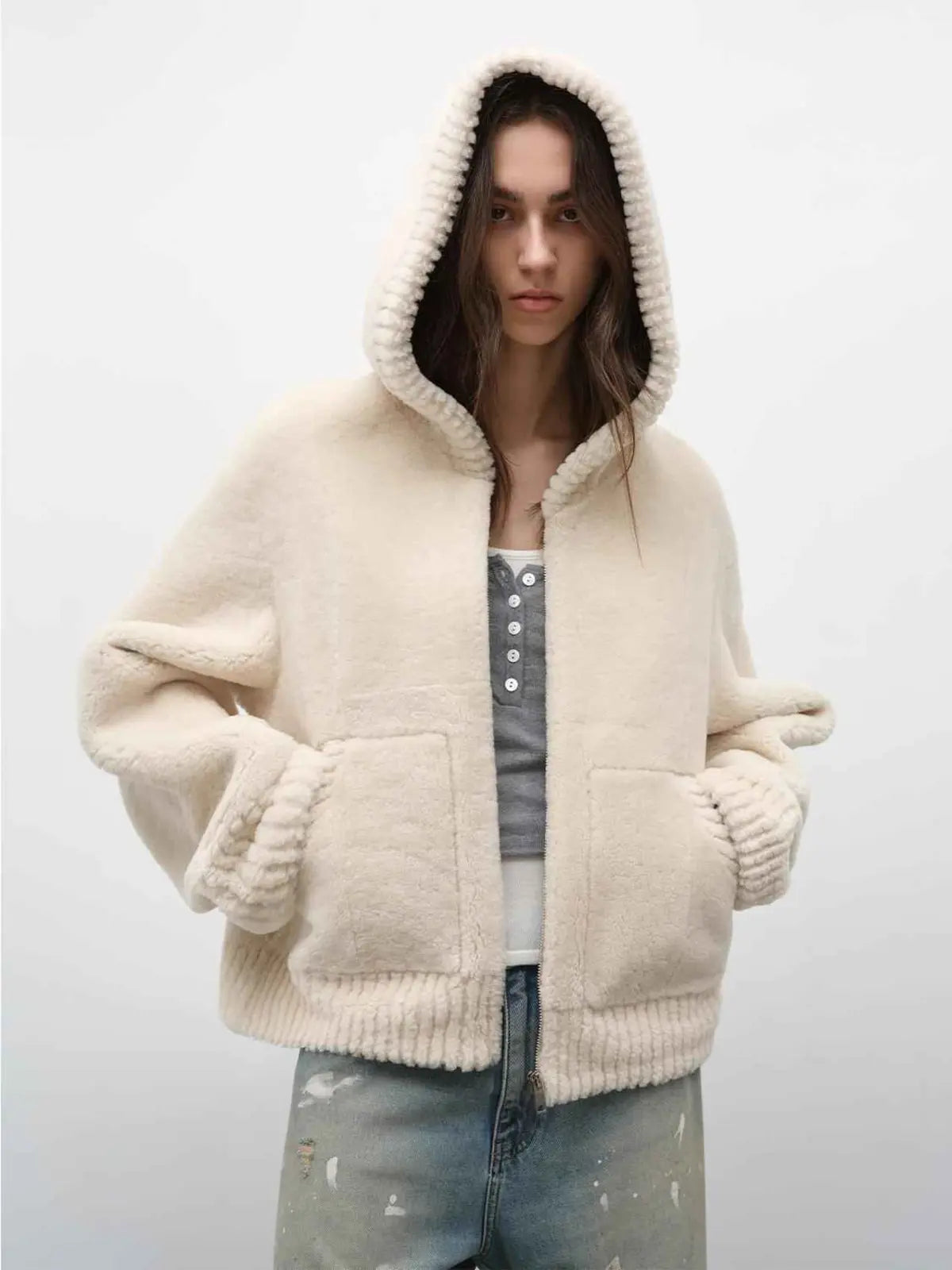 hooded merino sheepskin jacket product image 05
