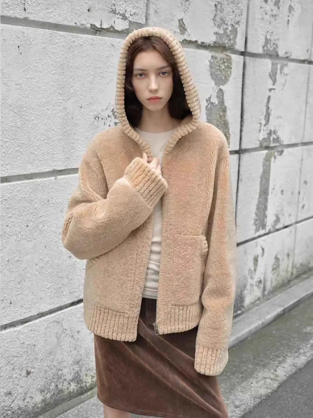 hooded merino sheepskin jacket product image 07