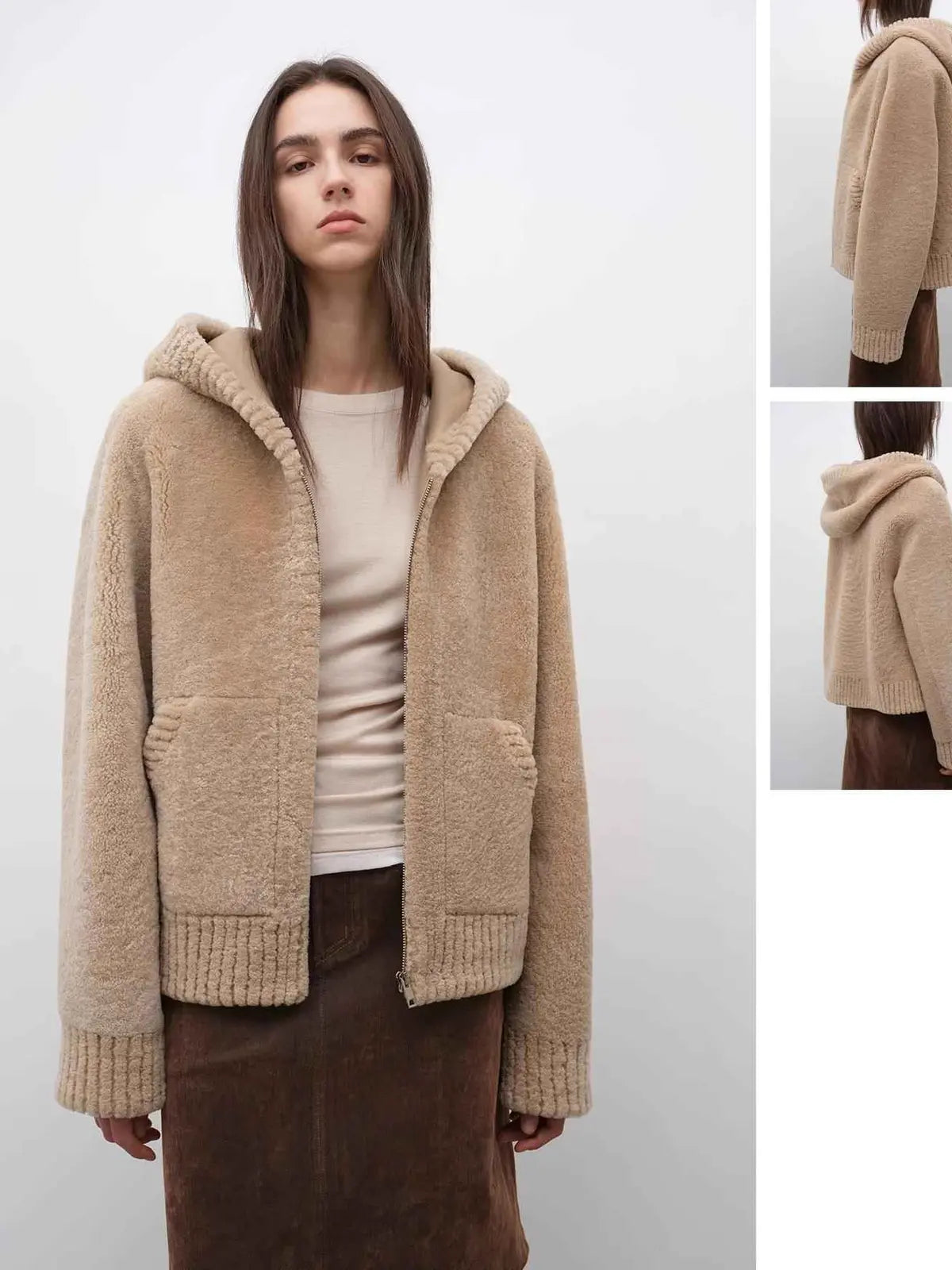 hooded merino sheepskin jacket product image 09