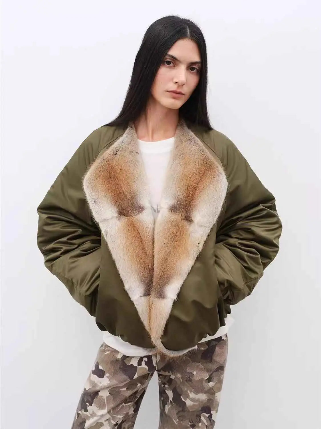 Model wearing Fireladyfur Hull Contract Army Green sable muskrat fur down parka front view