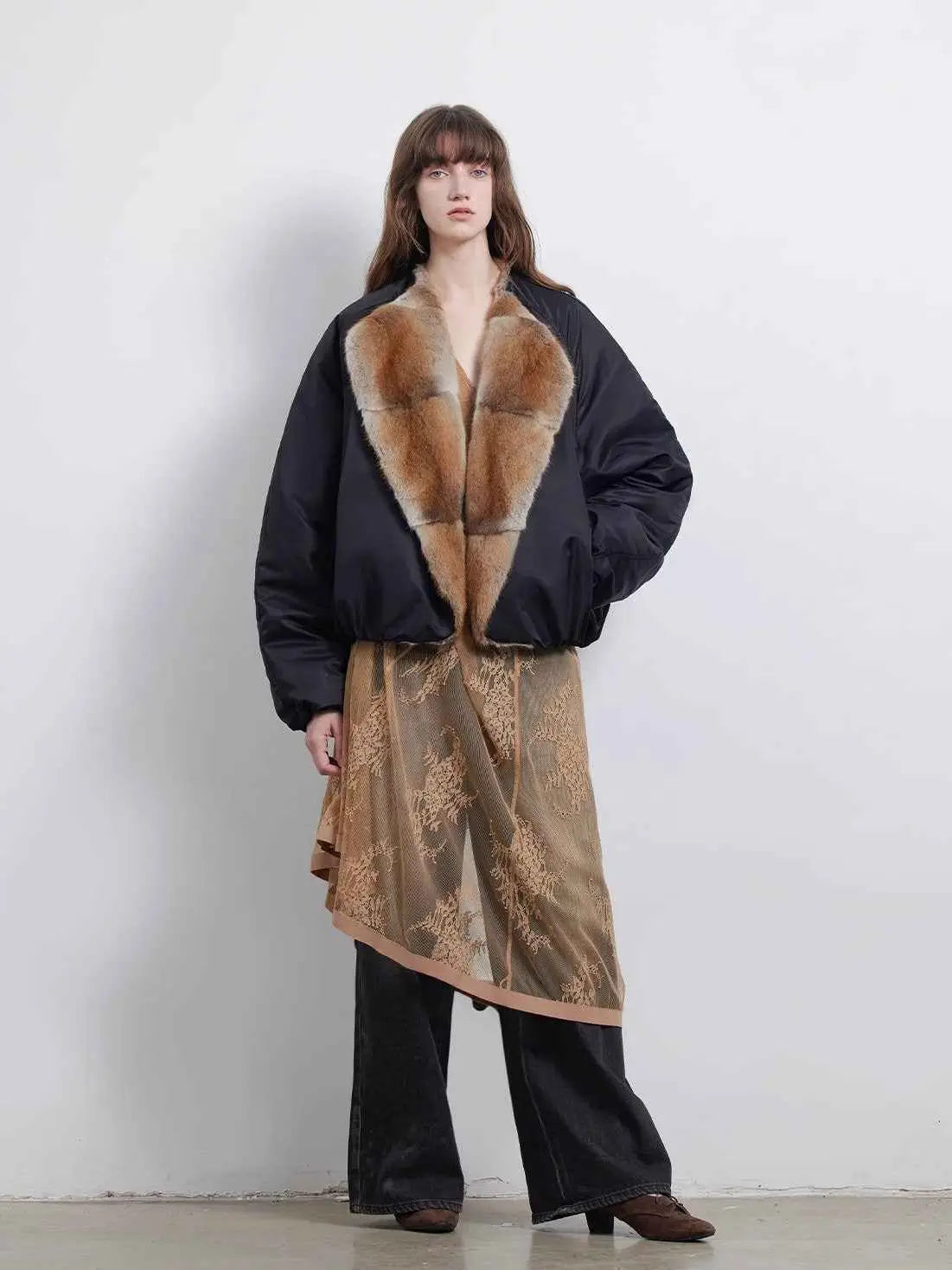 Full-length model view of Fireladyfur Hull Contract Classic Black fur collar down parka