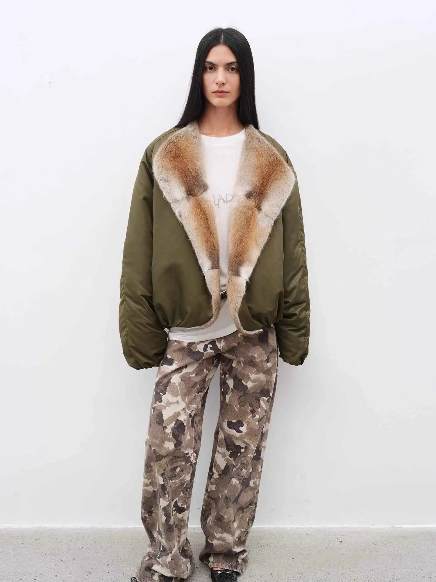 Full-length front view of Fireladyfur Hull Contract Army Green sable muskrat fur parka