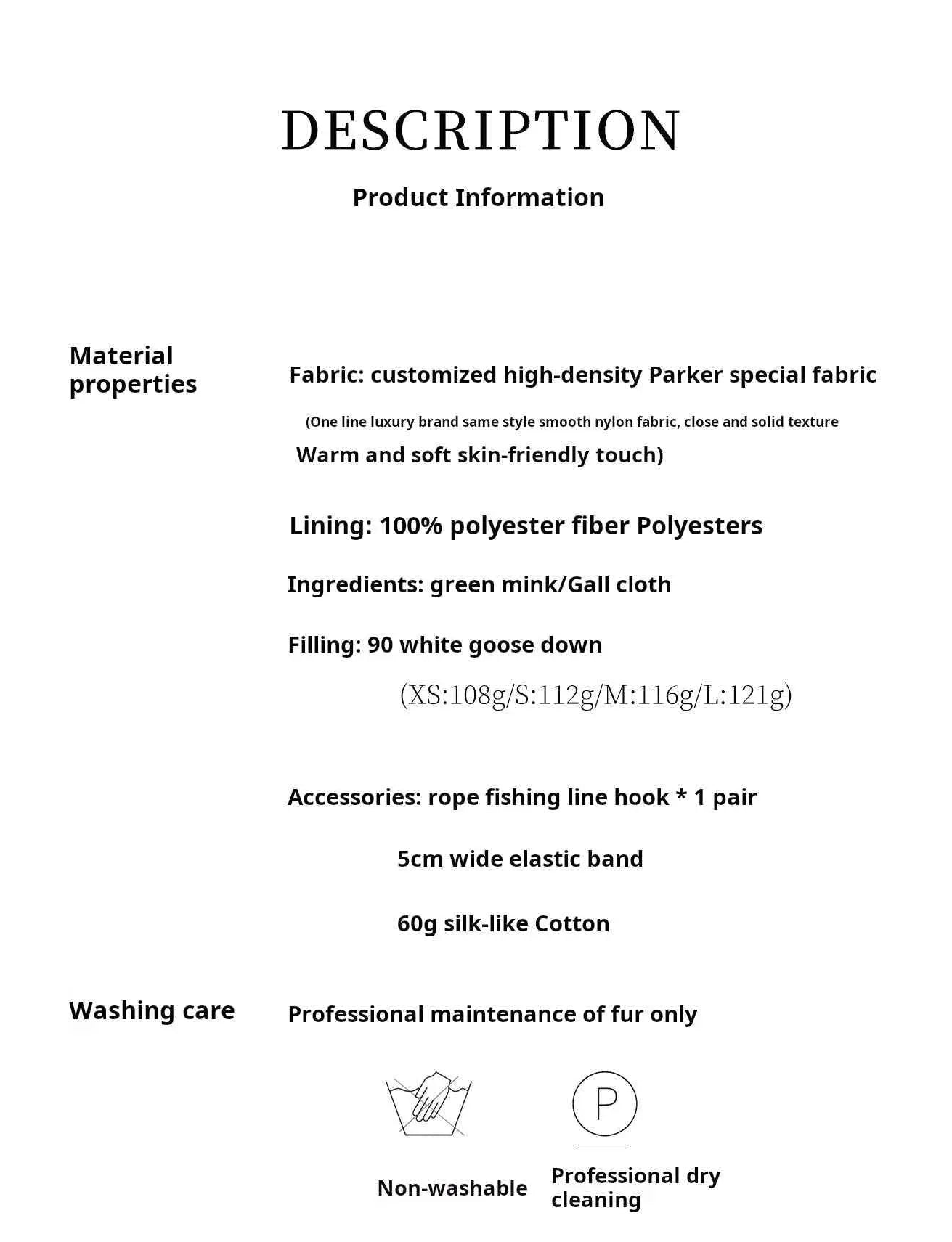Fireladyfur Hull Contract sable muskrat fur goose down parka materials filling and care information