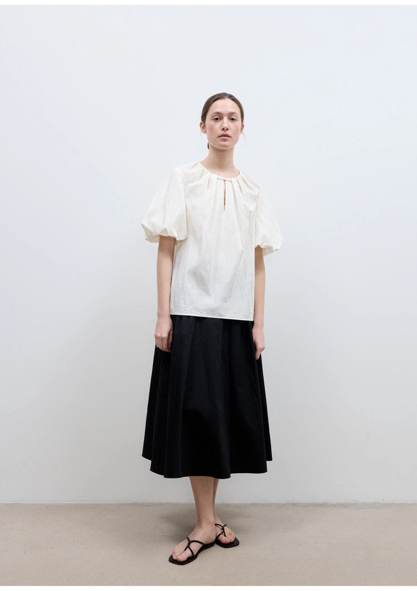 "Iceland Diary" neckline pleated design round neck tie puff sleeve short sleeve shirt for women - variant_title