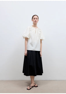 "Iceland Diary" neckline pleated design round neck tie puff sleeve short sleeve shirt for women - variant_title
