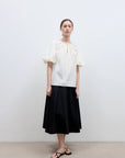"Iceland Diary" neckline pleated design round neck tie puff sleeve short sleeve shirt for women - variant_title