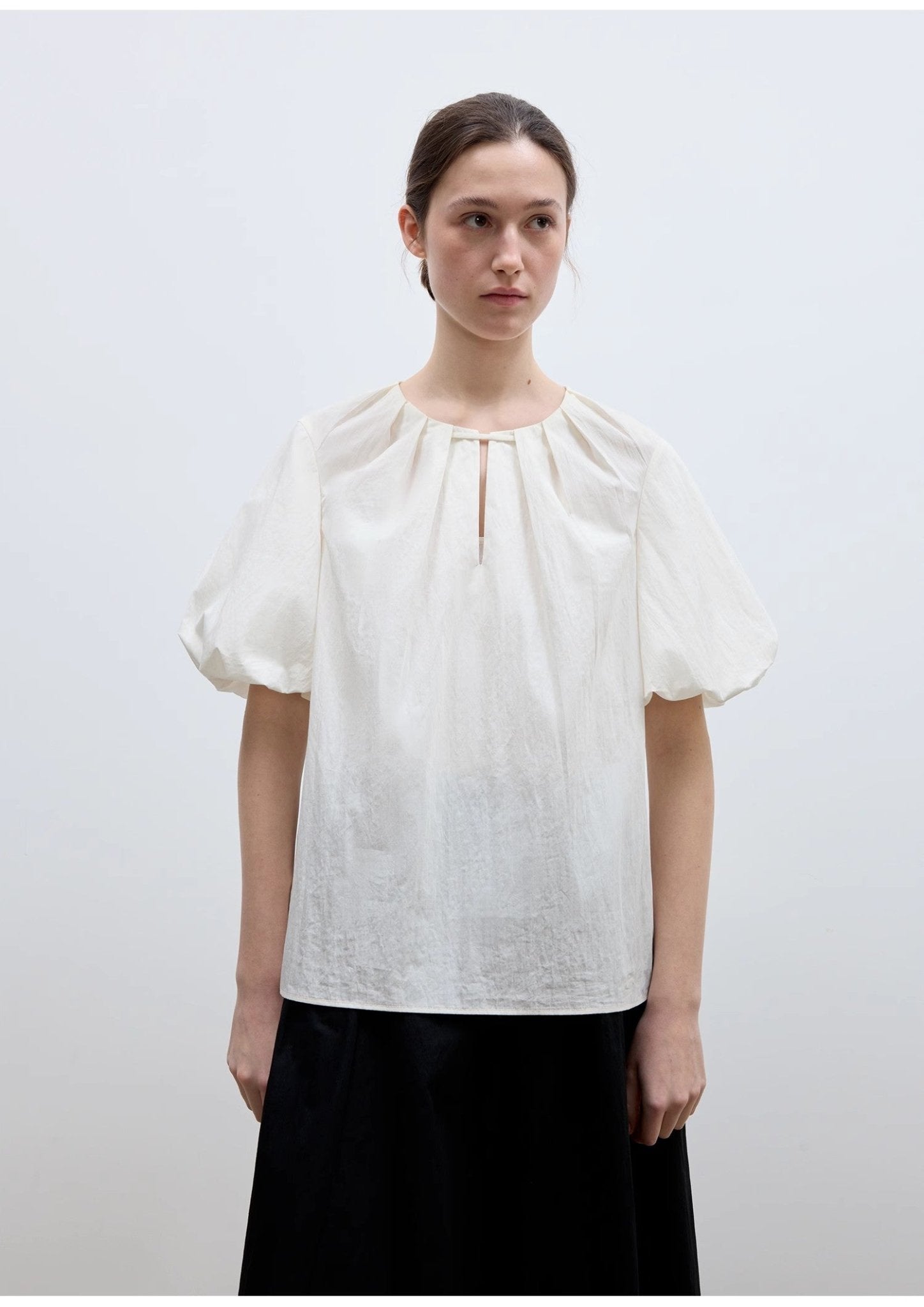 "Iceland Diary" neckline pleated design round neck tie puff sleeve short sleeve shirt for women - variant_title