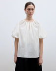 "Iceland Diary" neckline pleated design round neck tie puff sleeve short sleeve shirt for women - variant_title