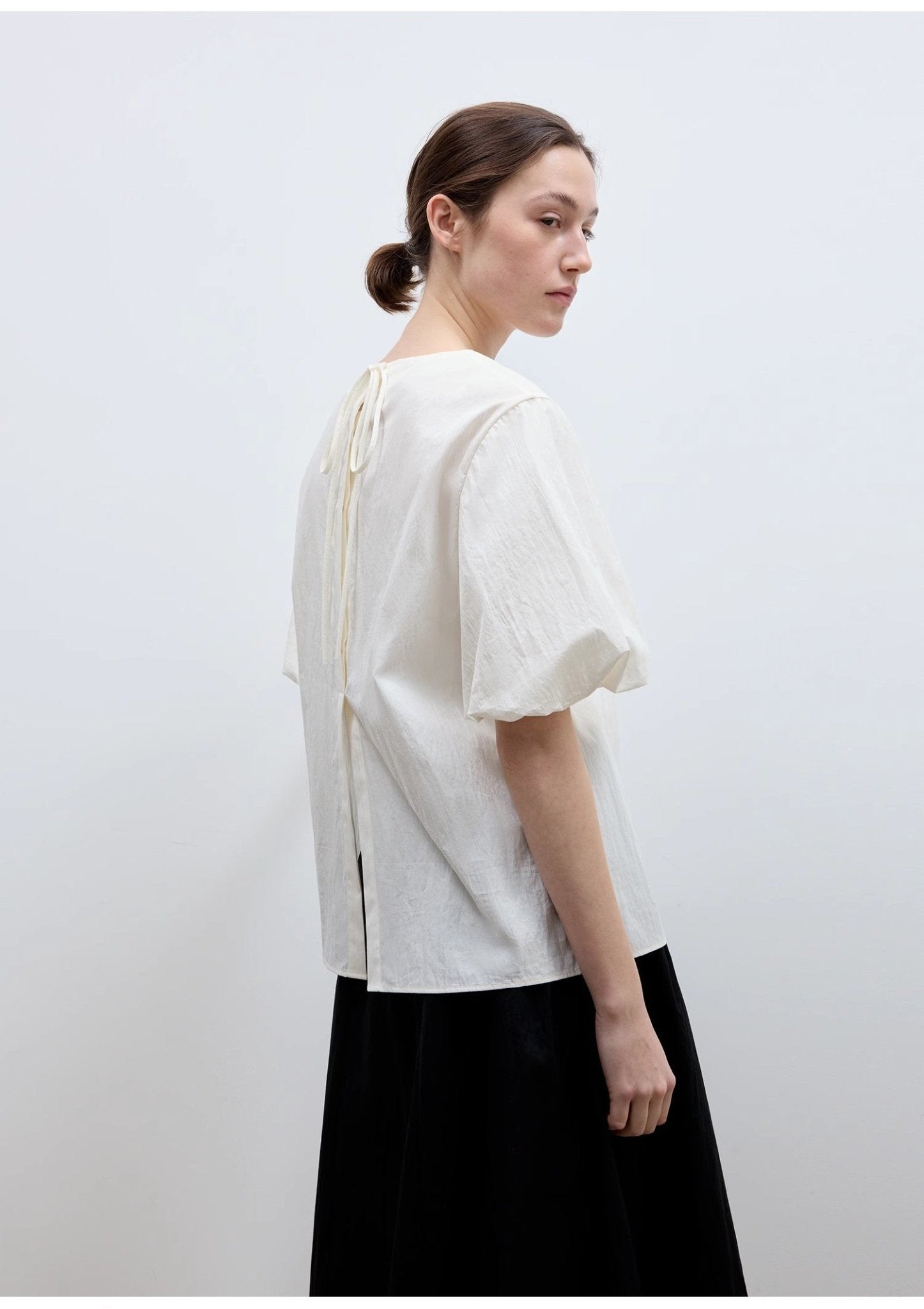 "Iceland Diary" neckline pleated design round neck tie puff sleeve short sleeve shirt for women - variant_title