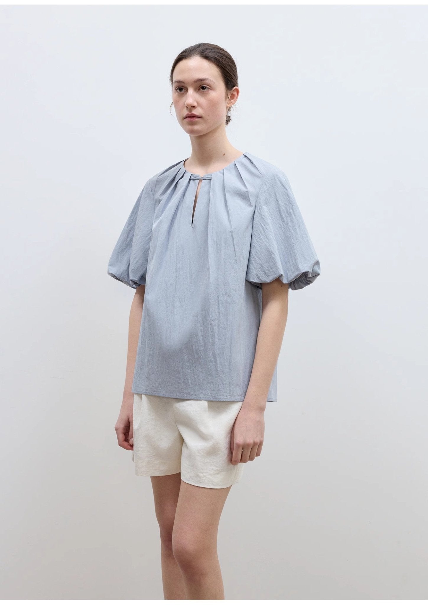 "Iceland Diary" neckline pleated design round neck tie puff sleeve short sleeve shirt for women - variant_title