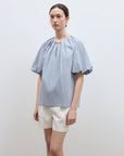 "Iceland Diary" neckline pleated design round neck tie puff sleeve short sleeve shirt for women - variant_title