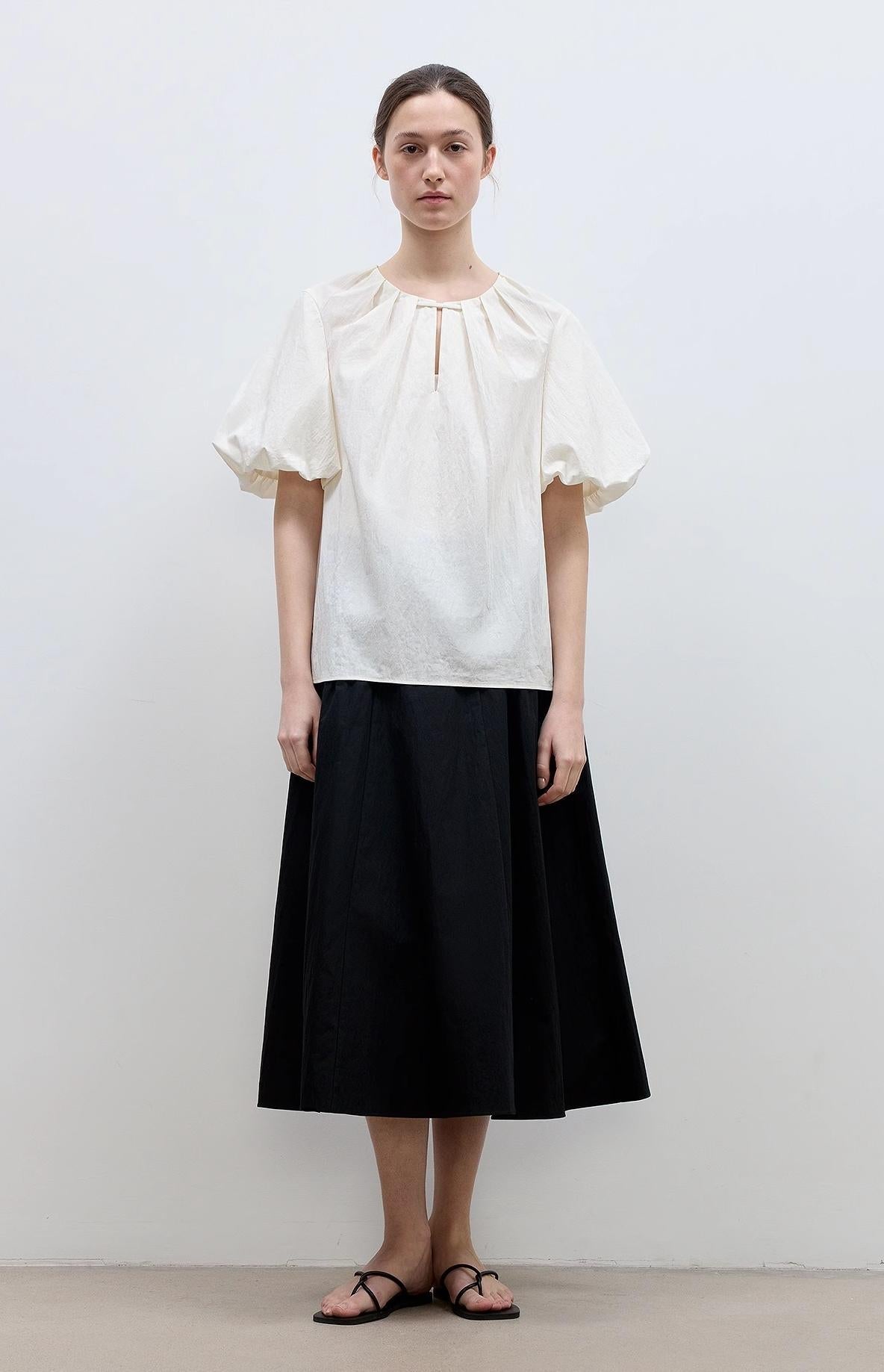 "Iceland Diary" neckline pleated design round neck tie puff sleeve short sleeve shirt for women - variant_title