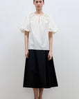 "Iceland Diary" neckline pleated design round neck tie puff sleeve short sleeve shirt for women - variant_title