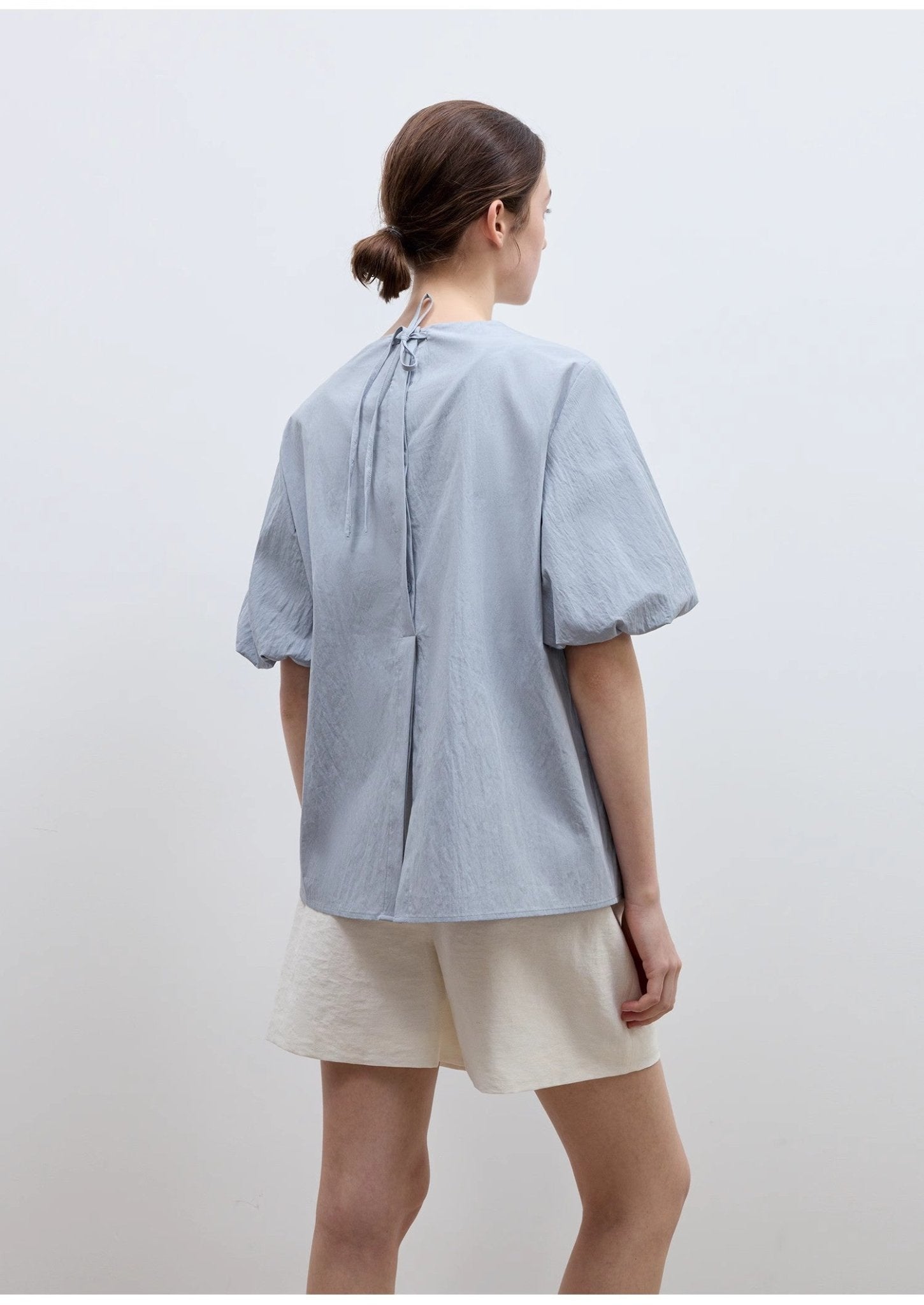 "Iceland Diary" neckline pleated design round neck tie puff sleeve short sleeve shirt for women - variant_title