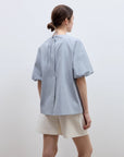 "Iceland Diary" neckline pleated design round neck tie puff sleeve short sleeve shirt for women - variant_title