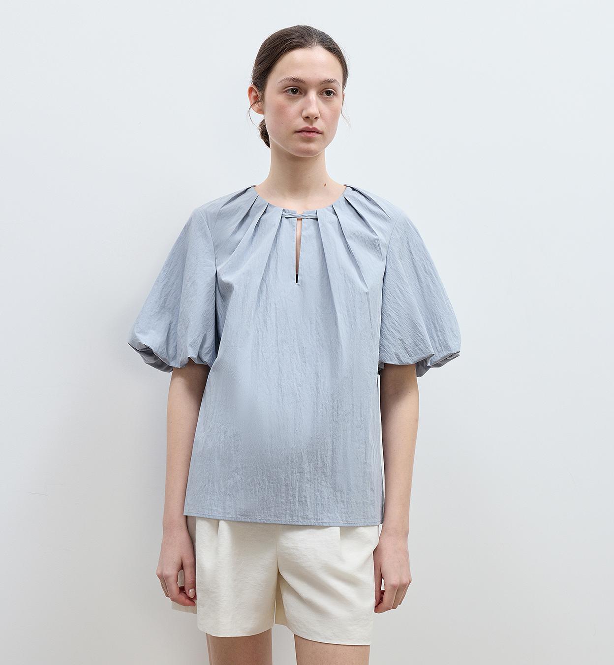 "Iceland Diary" neckline pleated design round neck tie puff sleeve short sleeve shirt for women - variant_title