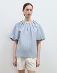 "Iceland Diary" neckline pleated design round neck tie puff sleeve short sleeve shirt for women - variant_title