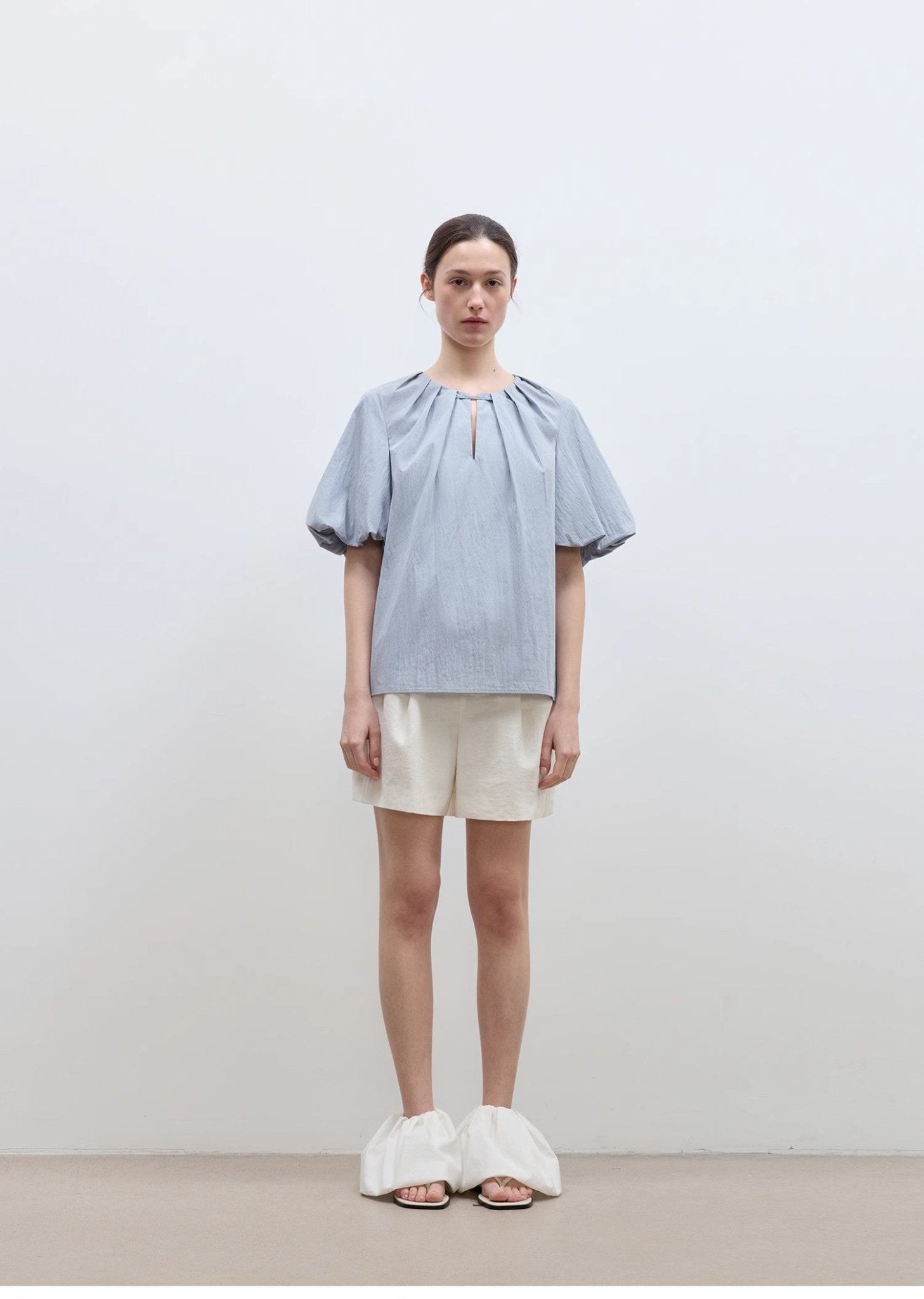 "Iceland Diary" neckline pleated design round neck tie puff sleeve short sleeve shirt for women - variant_title