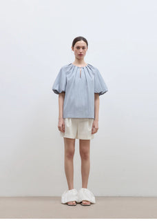 "Iceland Diary" neckline pleated design round neck tie puff sleeve short sleeve shirt for women - variant_title