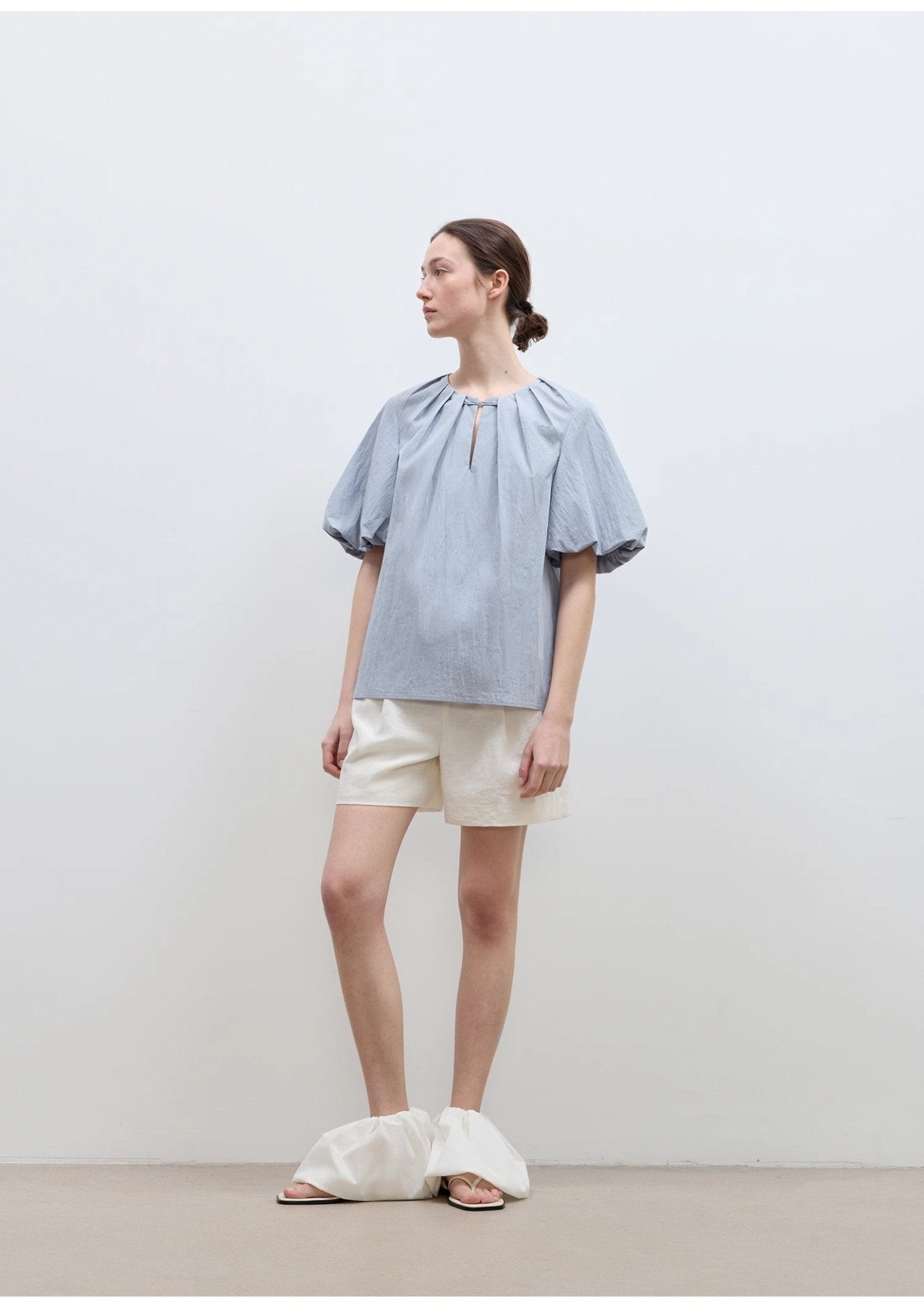 "Iceland Diary" neckline pleated design round neck tie puff sleeve short sleeve shirt for women - variant_title