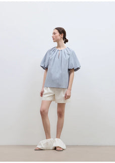 "Iceland Diary" neckline pleated design round neck tie puff sleeve short sleeve shirt for women - variant_title