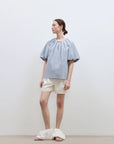 "Iceland Diary" neckline pleated design round neck tie puff sleeve short sleeve shirt for women - variant_title