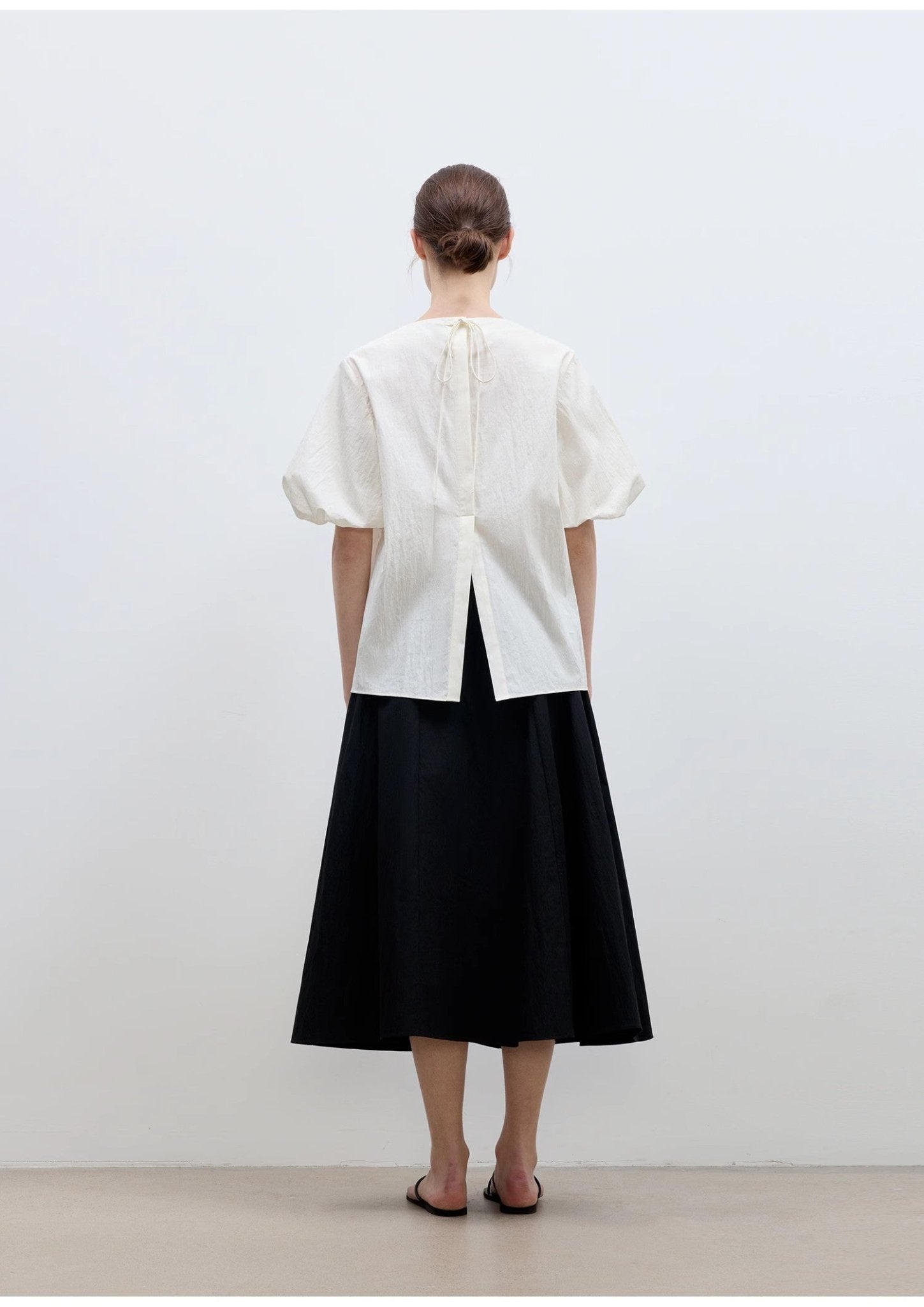 "Iceland Diary" neckline pleated design round neck tie puff sleeve short sleeve shirt for women - variant_title